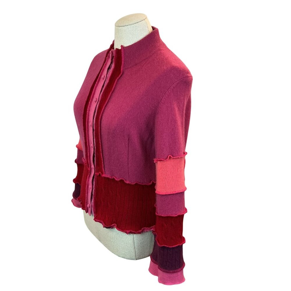 Elle Veve Recycled Wool Blend Button Up Cardigan Womens Red Orange Mauve Ruffle - Picture 4 of 9